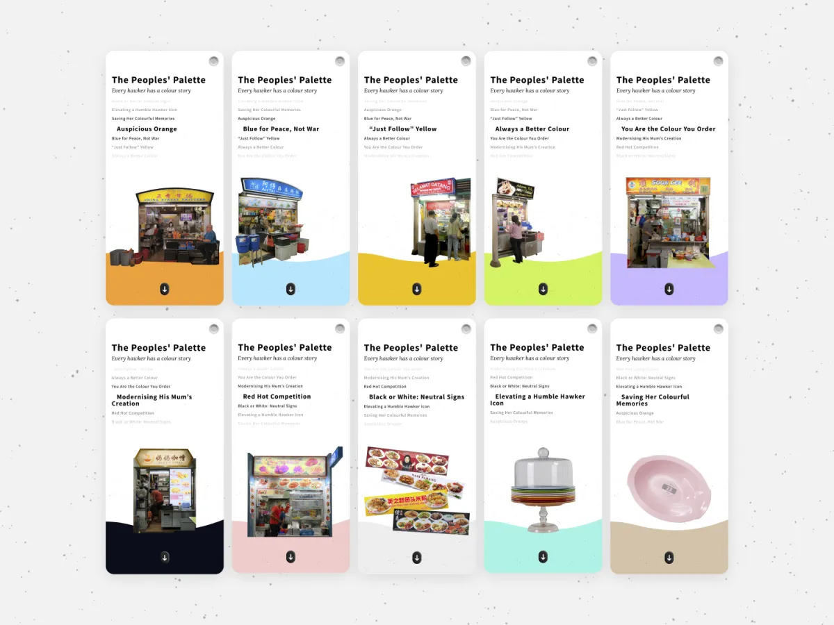 the people's palette, a row of hawker stall stories each on its own colour