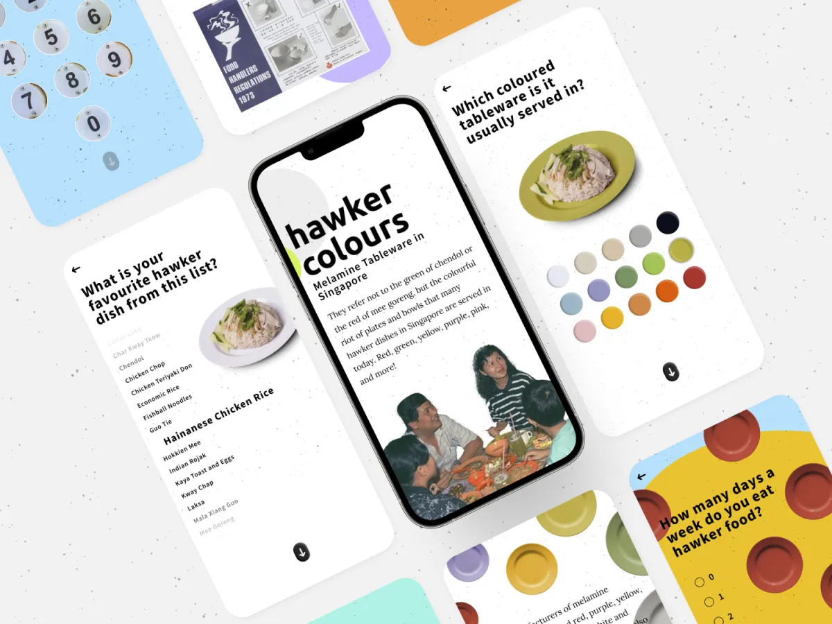 the hawker colours survey screens on a phone, with the intro, dish list and colour picker
