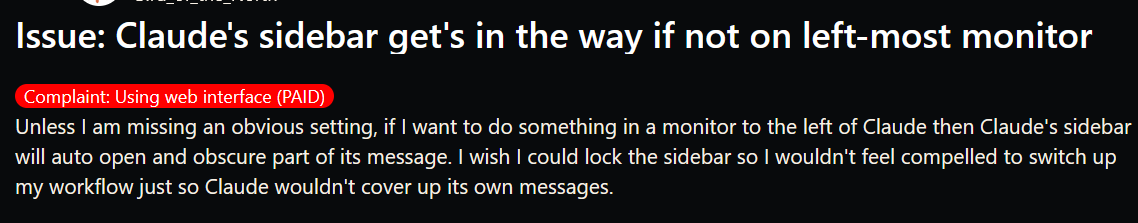 other people complaining about the same sidebar issue, screenshot 2