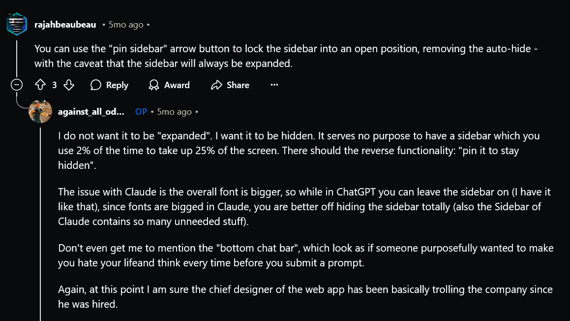 other people complaining about the same sidebar issue, screenshot 3