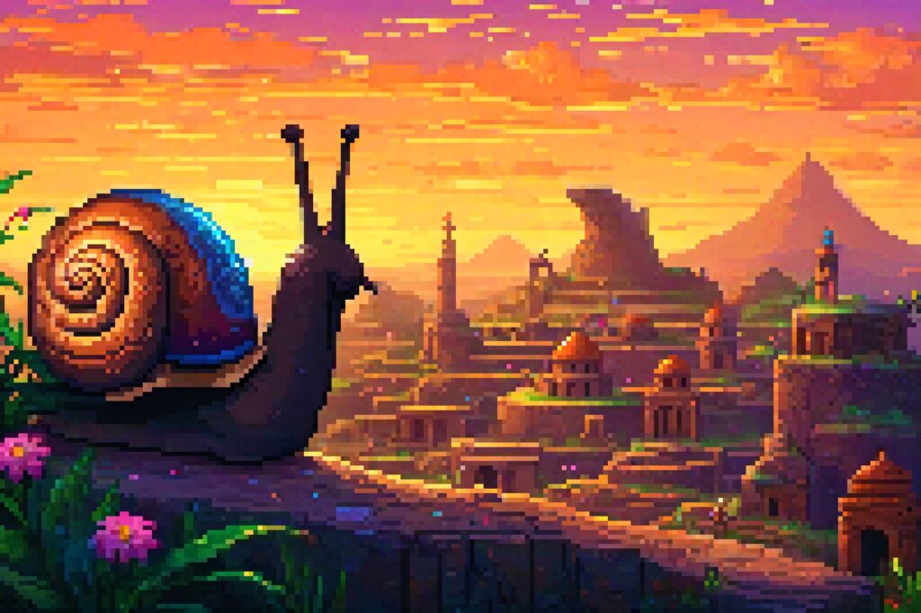 pixel art of a snail with a spiral shell overlooking a warm-lit hillside city at dusk